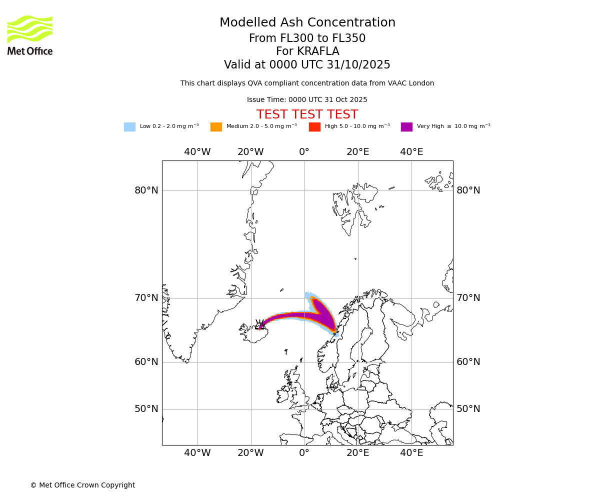 Modelled ash concentration from 300 to 350 for KRAFLA. Valid at 0000 UTC 31/10/2025