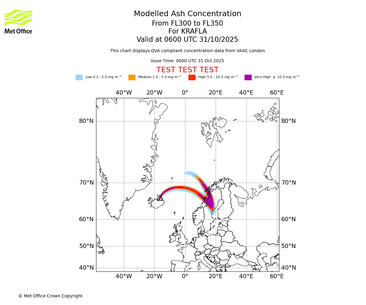 Modelled ash concentration from 300 to 350 for KRAFLA. Valid at 0600 UTC 31/10/2025