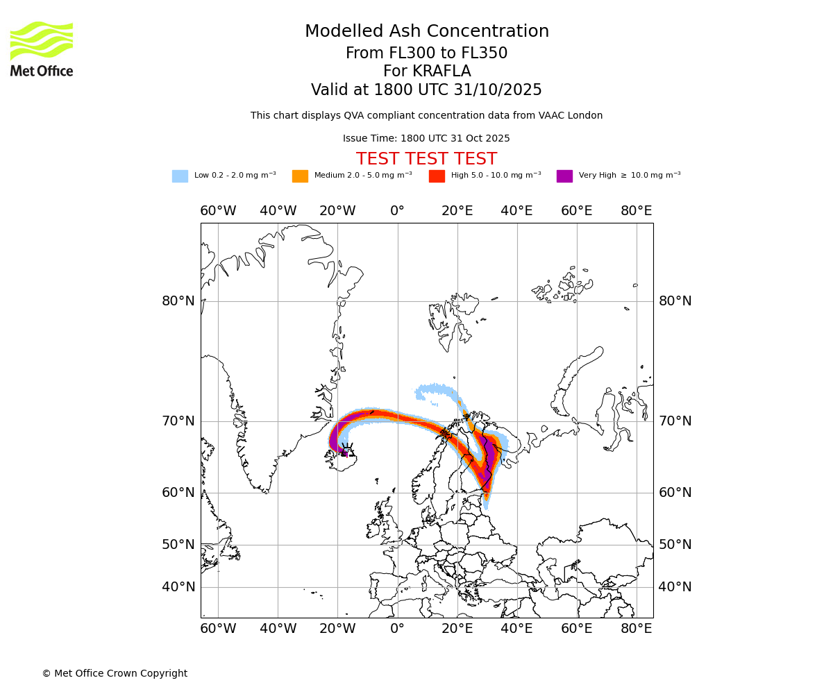 Modelled ash concentration from 300 to 350 for KRAFLA. Valid at 1800 UTC 31/10/2025