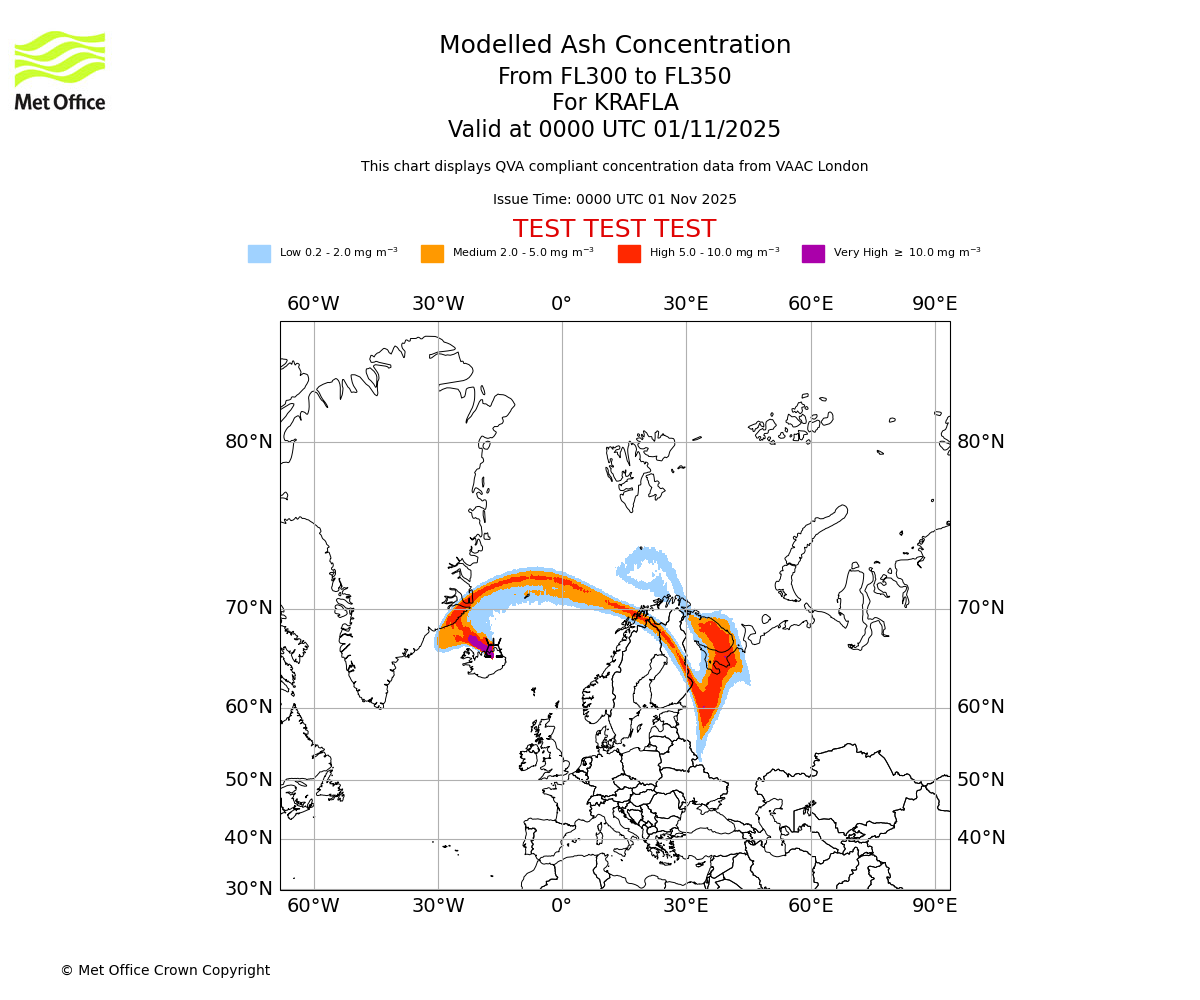 Modelled ash concentration from 300 to 350 for KRAFLA. Valid at 0000 UTC 01/11/2025