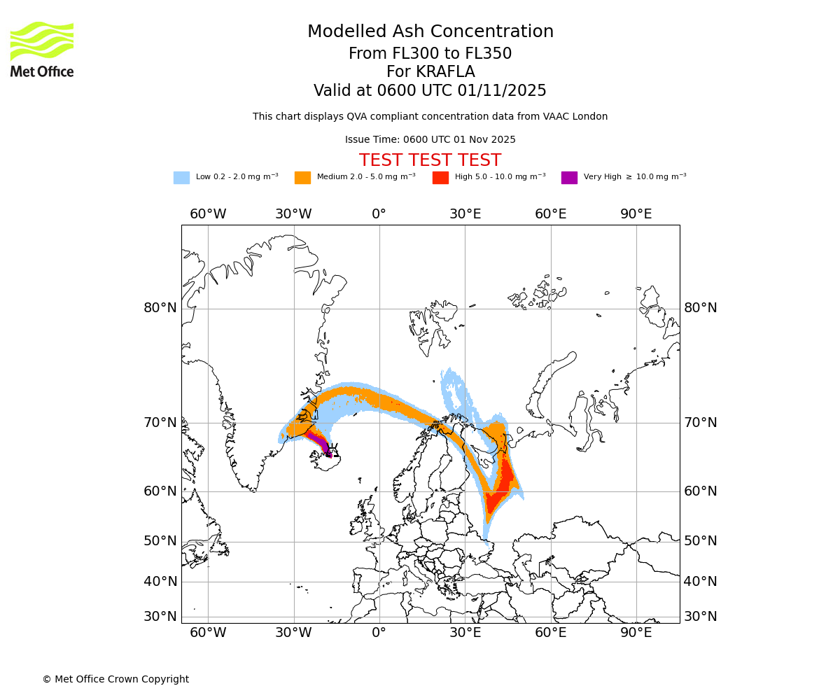 Modelled ash concentration from 300 to 350 for KRAFLA. Valid at 0600 UTC 01/11/2025