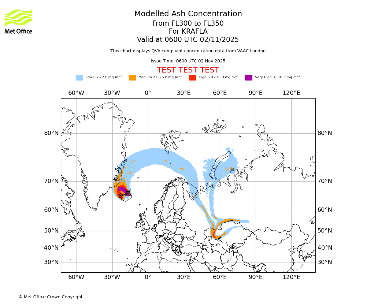 Modelled ash concentration from 300 to 350 for KRAFLA. Valid at 0600 UTC 02/11/2025