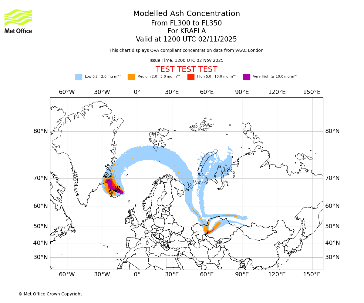 Modelled ash concentration from 300 to 350 for KRAFLA. Valid at 1200 UTC 02/11/2025