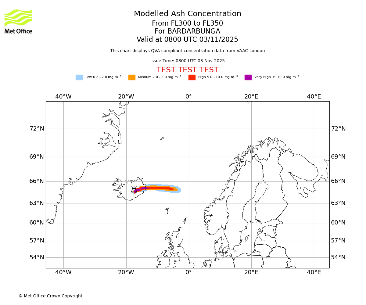 Modelled ash concentration from 300 to 350 for BARDARBUNGA. Valid at 0800 UTC 03/11/2025