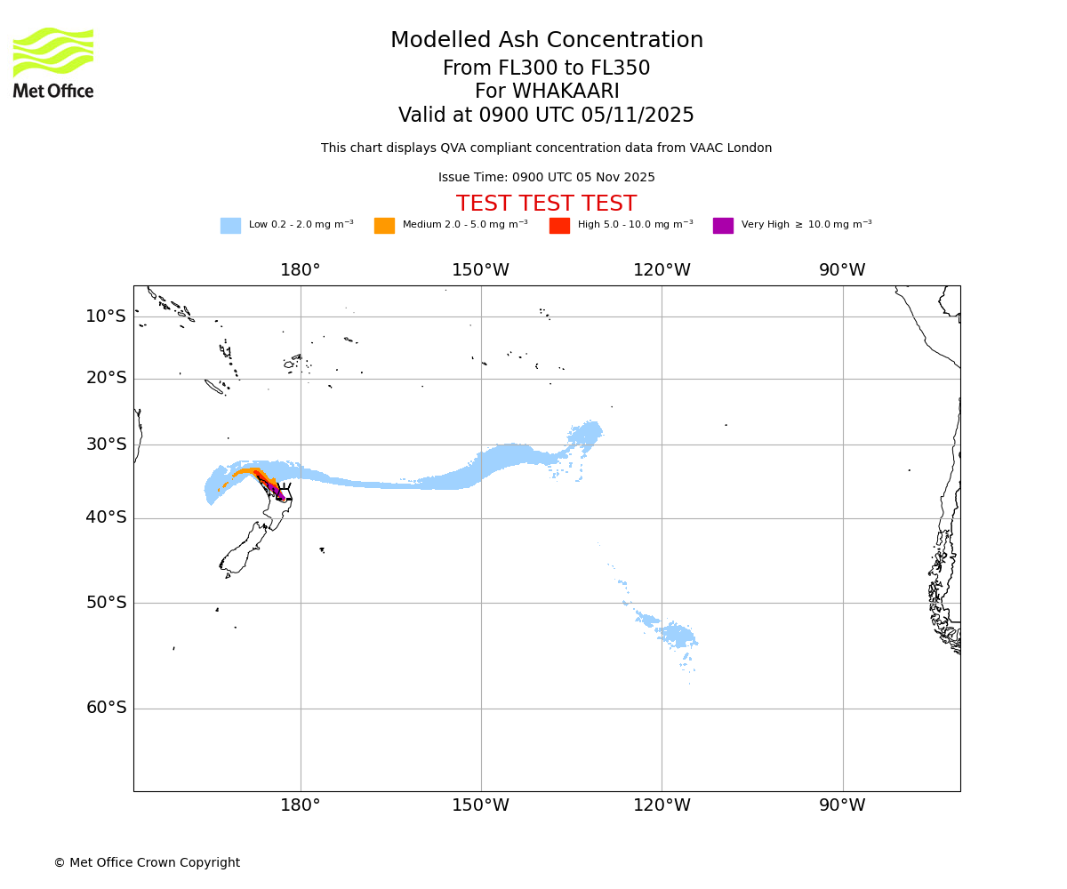 Modelled ash concentration from 300 to 350 for WHAKAARI. Valid at 0900 UTC 05/11/2025
