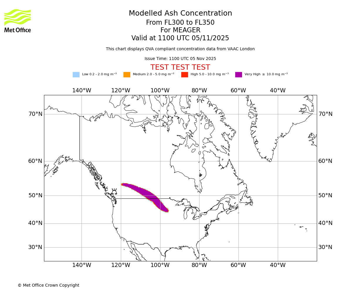 Modelled ash concentration from 300 to 350 for MEAGER. Valid at 1100 UTC 05/11/2025
