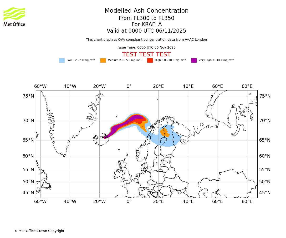 Modelled ash concentration from 300 to 350 for KRAFLA. Valid at 0000 UTC 06/11/2025