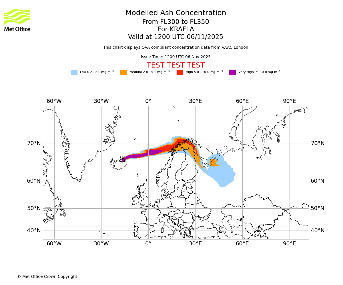 Modelled ash concentration from 300 to 350 for KRAFLA. Valid at 1200 UTC 06/11/2025