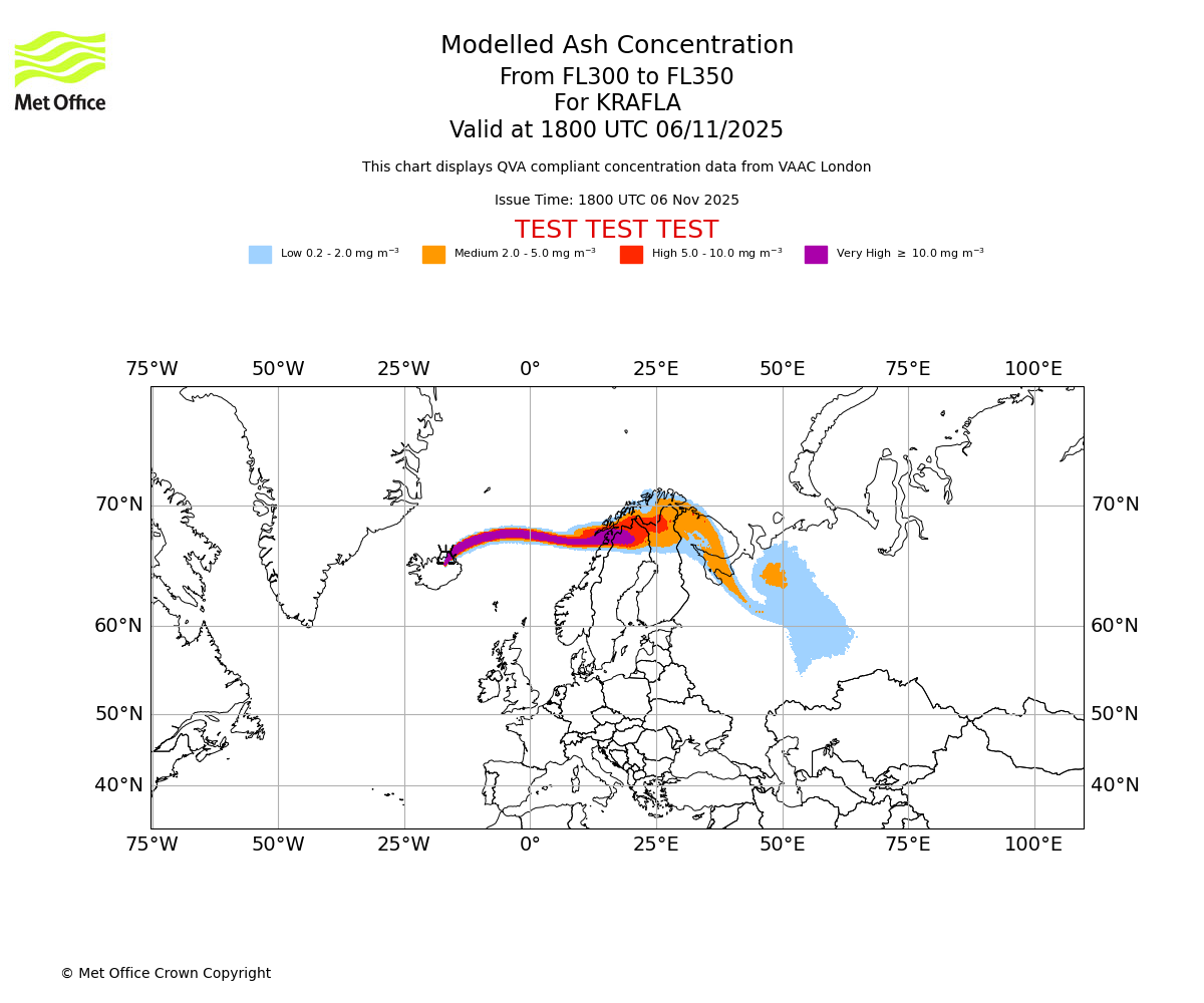 Modelled ash concentration from 300 to 350 for KRAFLA. Valid at 1800 UTC 06/11/2025