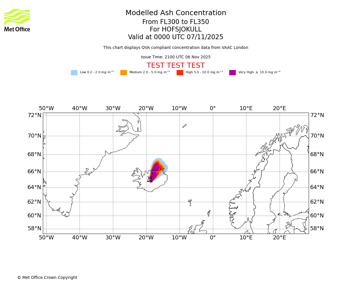 Modelled ash concentration from 300 to 350 for HOFSJOKULL. Valid at 0000 UTC 07/11/2025