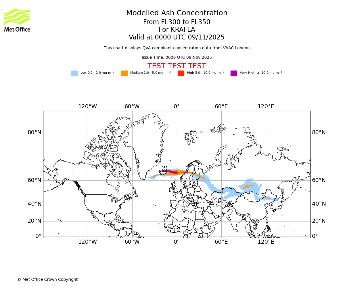 Modelled ash concentration from 300 to 350 for KRAFLA. Valid at 0000 UTC 09/11/2025