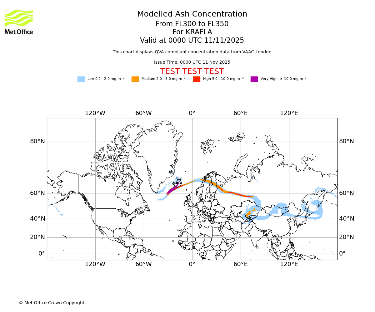 Modelled ash concentration from 300 to 350 for KRAFLA. Valid at 0000 UTC 11/11/2025