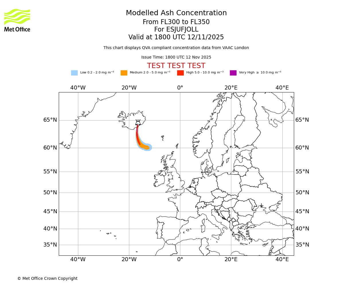 Modelled ash concentration from 300 to 350 for ESJUFJOLL. Valid at 1800 UTC 12/11/2025