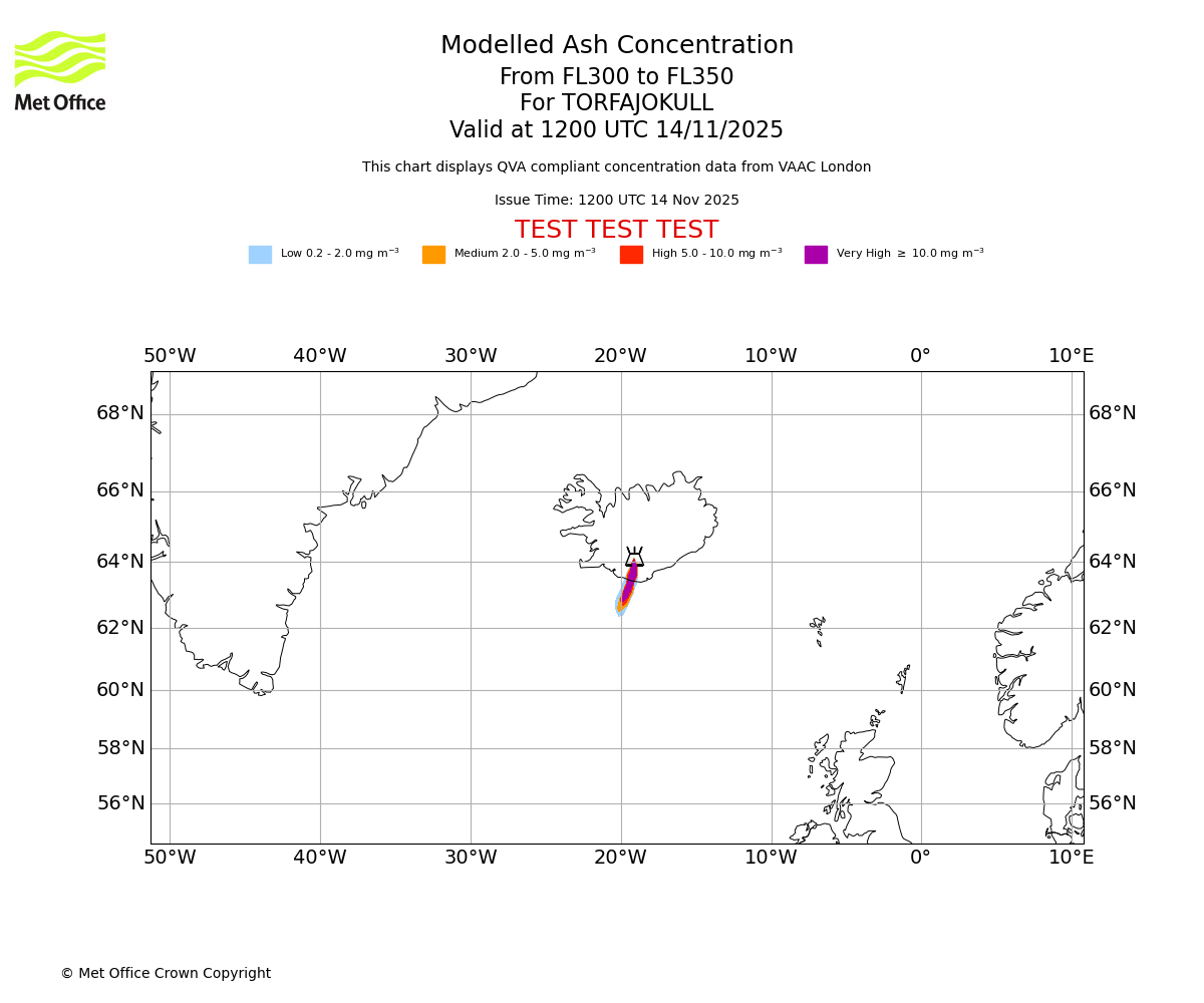 Modelled ash concentration from 300 to 350 for TORFAJOKULL. Valid at 1200 UTC 14/11/2025