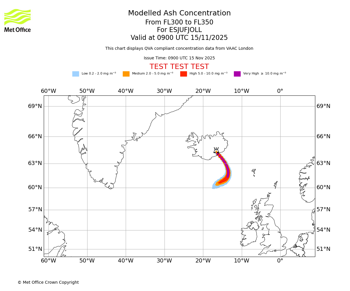 Modelled ash concentration from 300 to 350 for ESJUFJOLL. Valid at 0900 UTC 15/11/2025