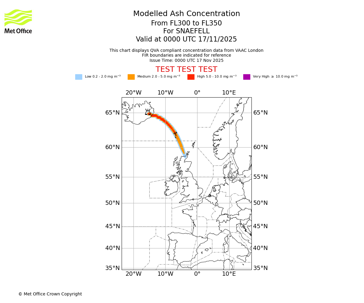 Modelled ash concentration from 300 to 350 for SNAEFELL. Valid at 0000 UTC 17/11/2025