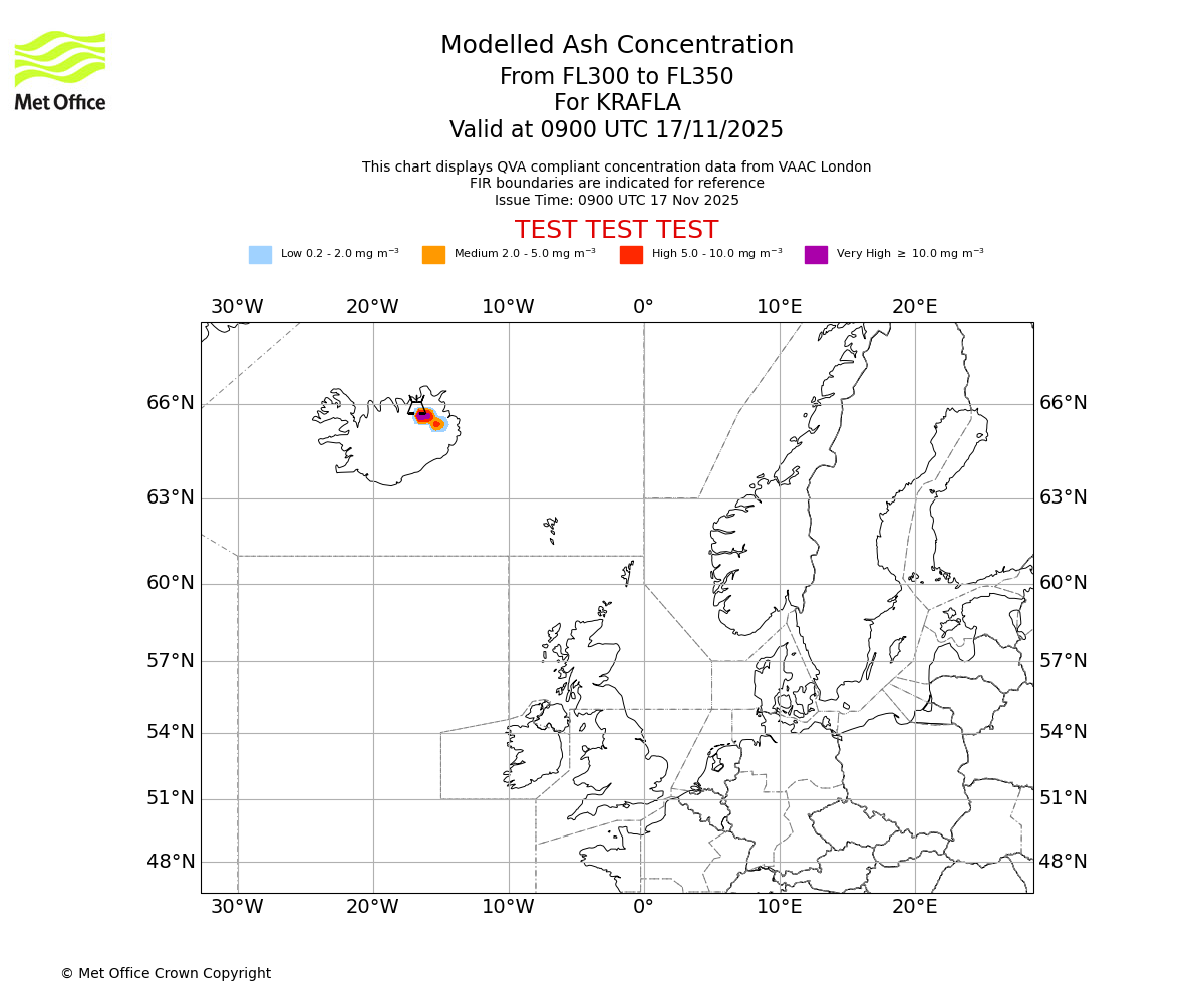 Modelled ash concentration from 300 to 350 for KRAFLA. Valid at 0900 UTC 17/11/2025
