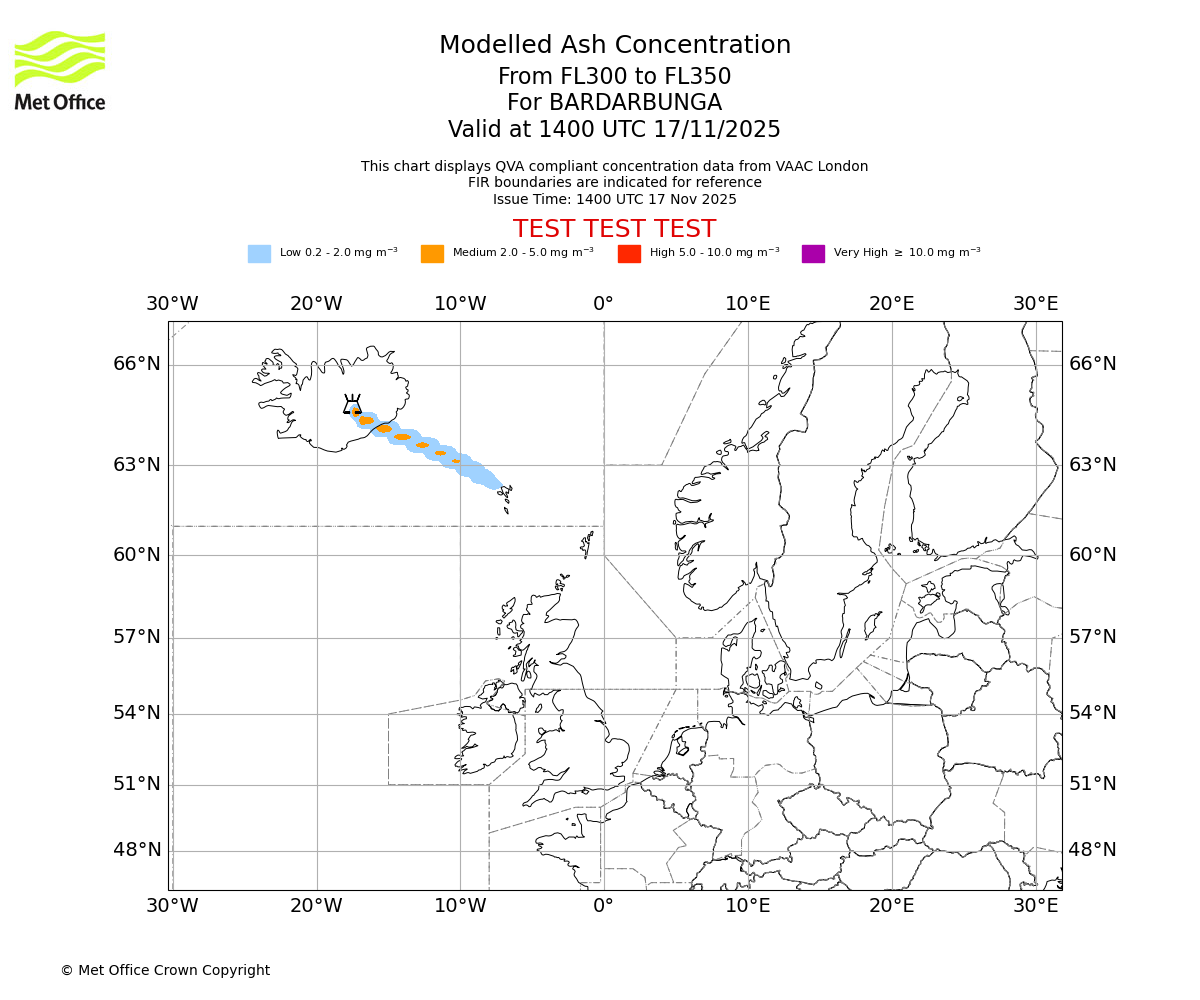 Modelled ash concentration from 300 to 350 for BARDARBUNGA. Valid at 1400 UTC 17/11/2025