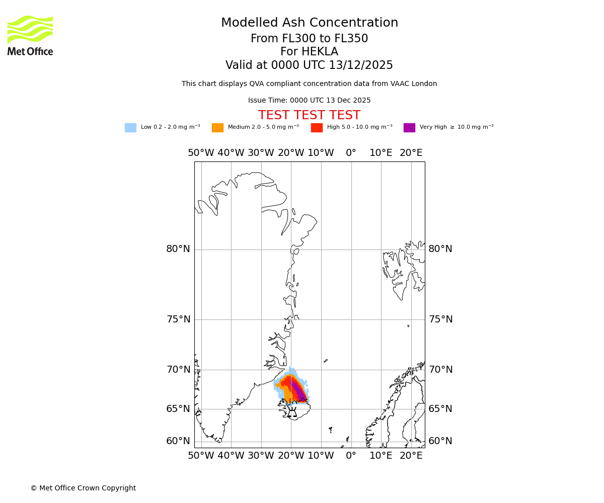 Modelled ash concentration from 300 to 350 for HEKLA. Valid at 0000 UTC 13/12/2025