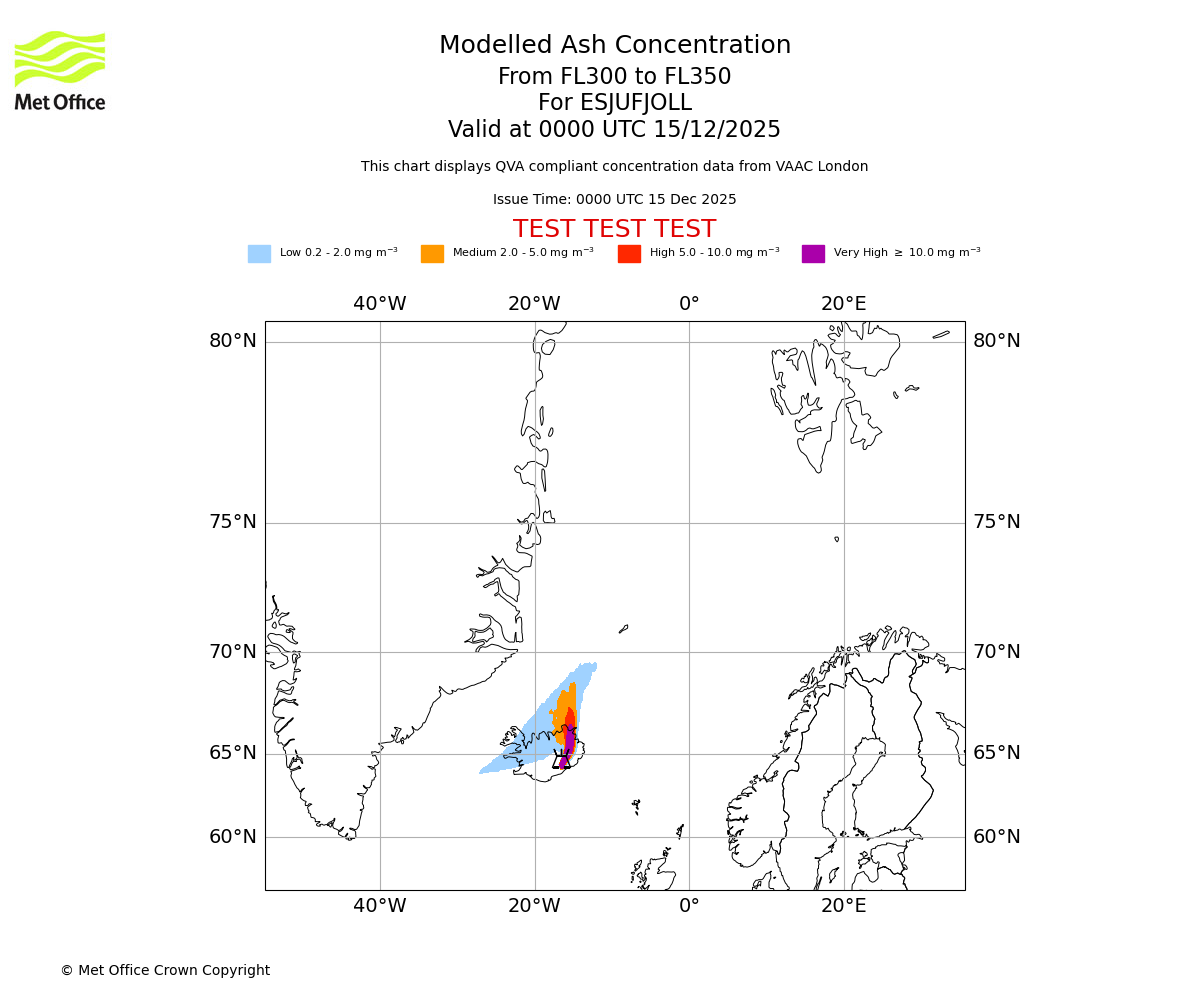 Modelled ash concentration from 300 to 350 for ESJUFJOLL. Valid at 0000 UTC 15/12/2025