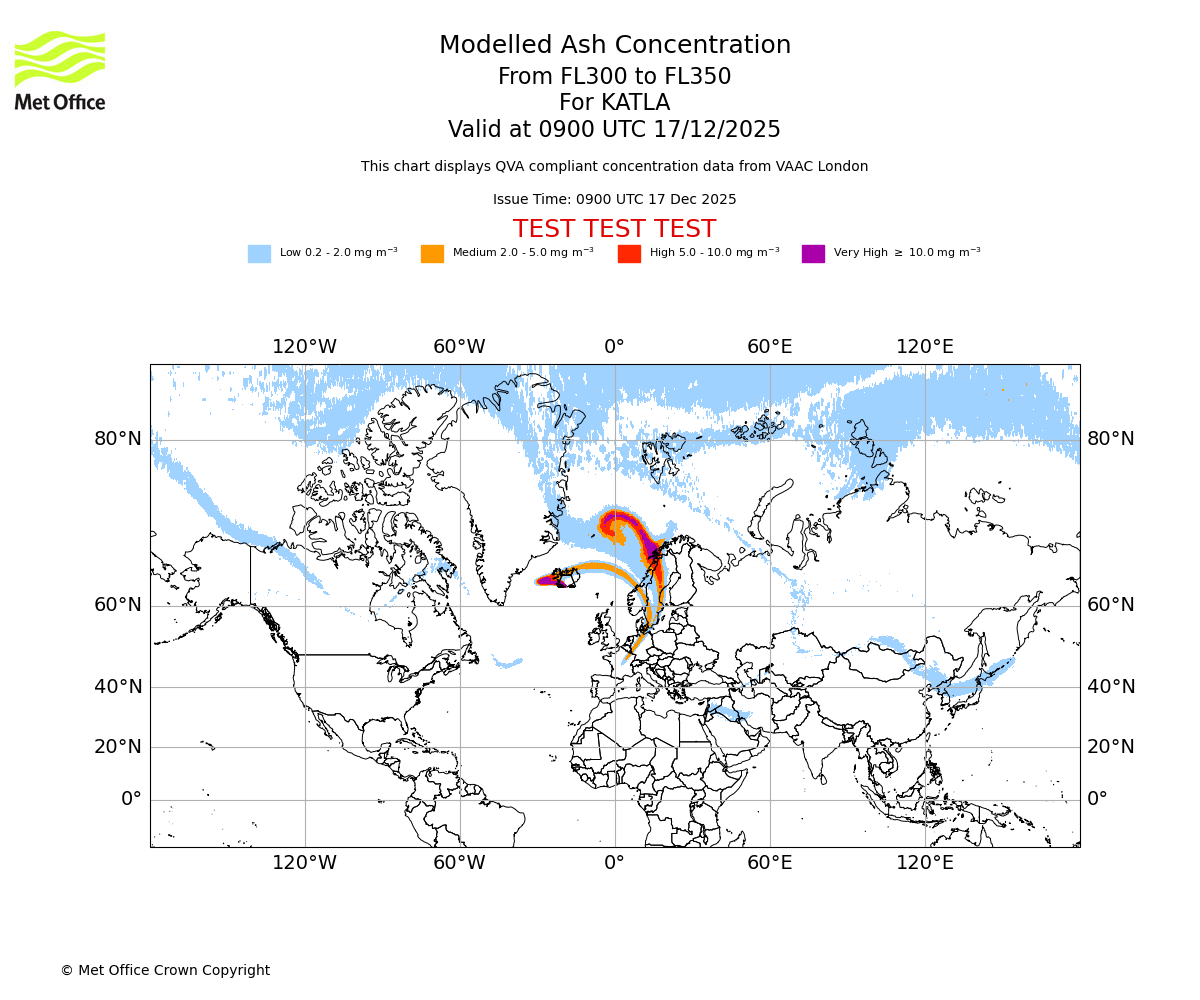 Modelled ash concentration from 300 to 350 for KATLA. Valid at 0900 UTC 17/12/2025
