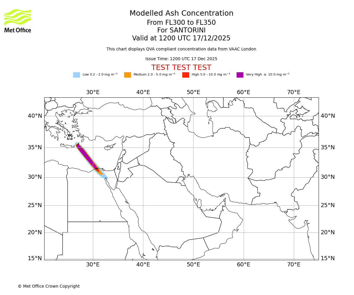 Modelled ash concentration from 300 to 350 for SANTORINI. Valid at 1200 UTC 17/12/2025