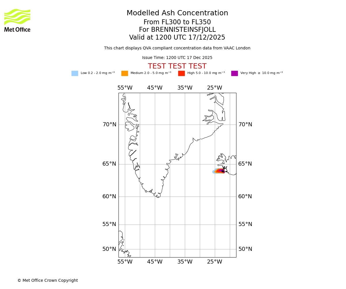 Modelled ash concentration from 300 to 350 for BRENNISTEINSFJOLL. Valid at 1200 UTC 17/12/2025