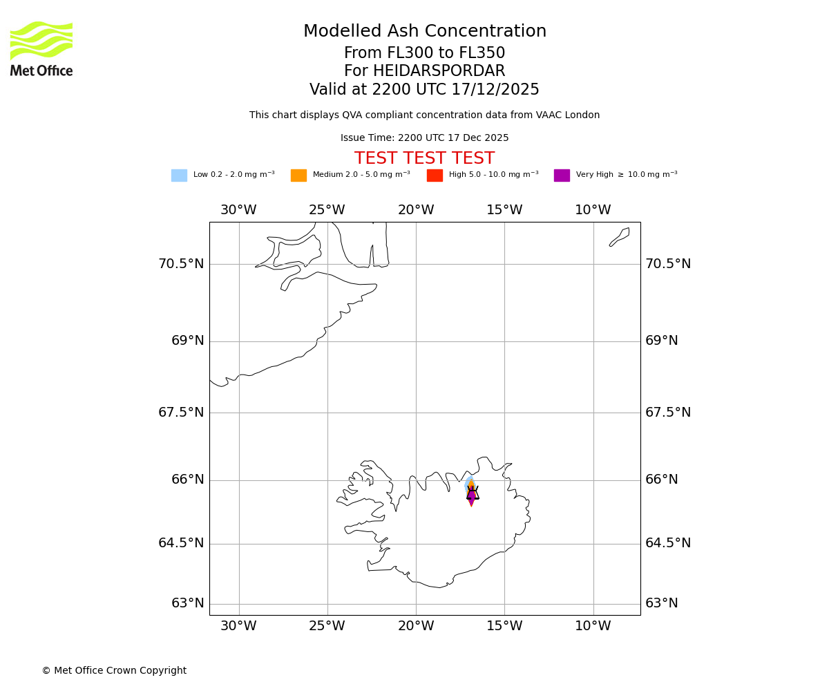 Modelled ash concentration from 300 to 350 for HEIDARSPORDAR. Valid at 2200 UTC 17/12/2025
