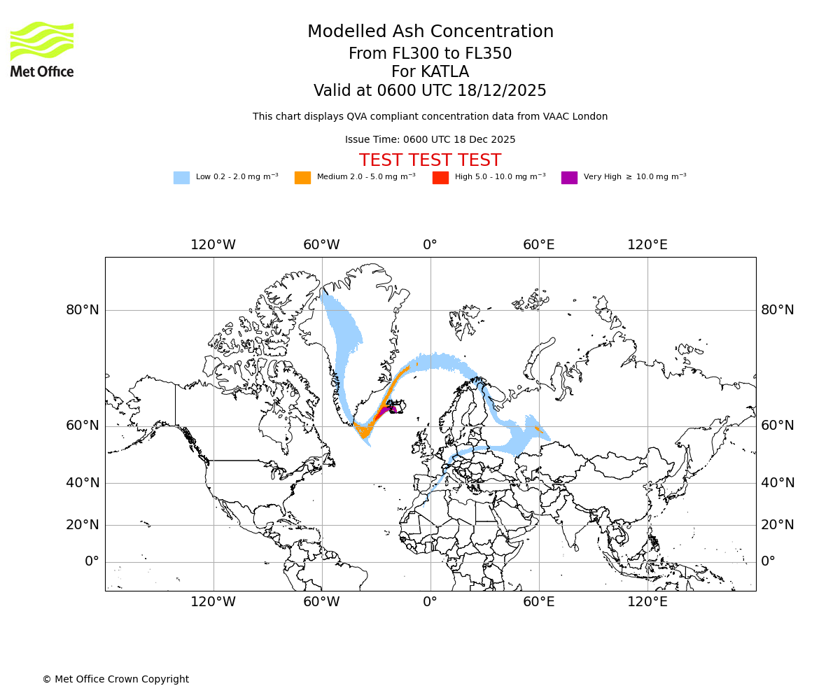 Modelled ash concentration from 300 to 350 for KATLA. Valid at 0600 UTC 18/12/2025