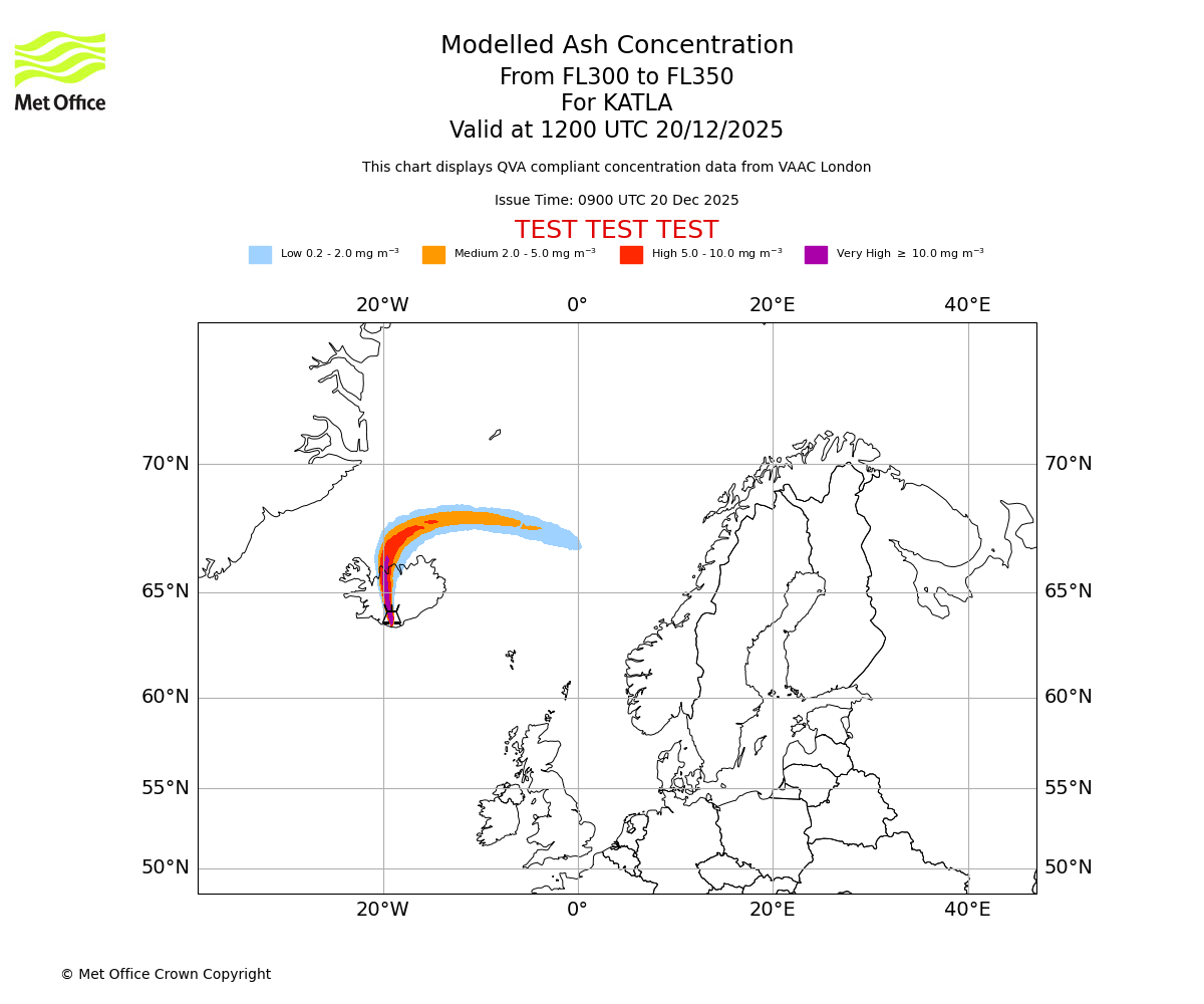 Modelled ash concentration from 300 to 350 for KATLA. Valid at 1200 UTC 20/12/2025
