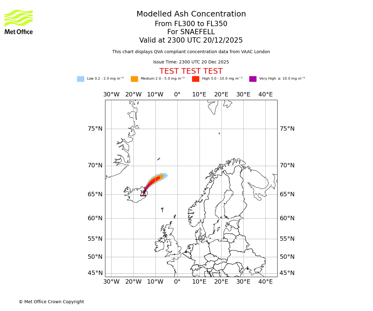 Modelled ash concentration from 300 to 350 for SNAEFELL. Valid at 2300 UTC 20/12/2025