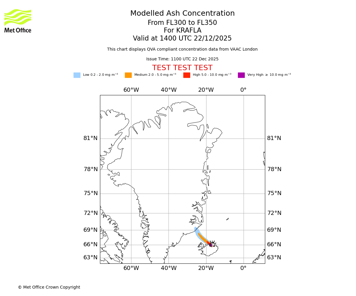 Modelled ash concentration from 300 to 350 for KRAFLA. Valid at 1400 UTC 22/12/2025