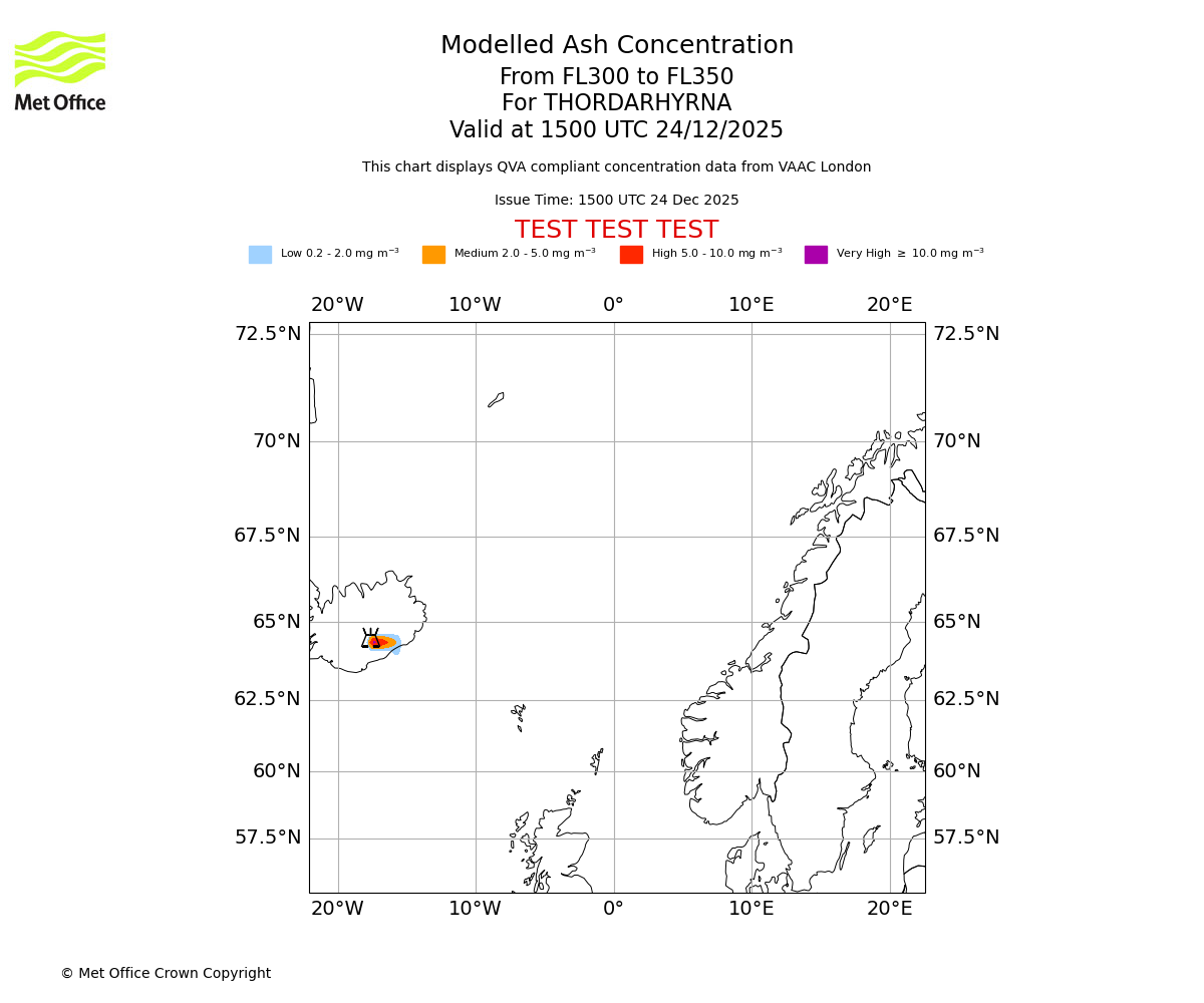 Modelled ash concentration from 300 to 350 for THORDARHYRNA. Valid at 1500 UTC 24/12/2025