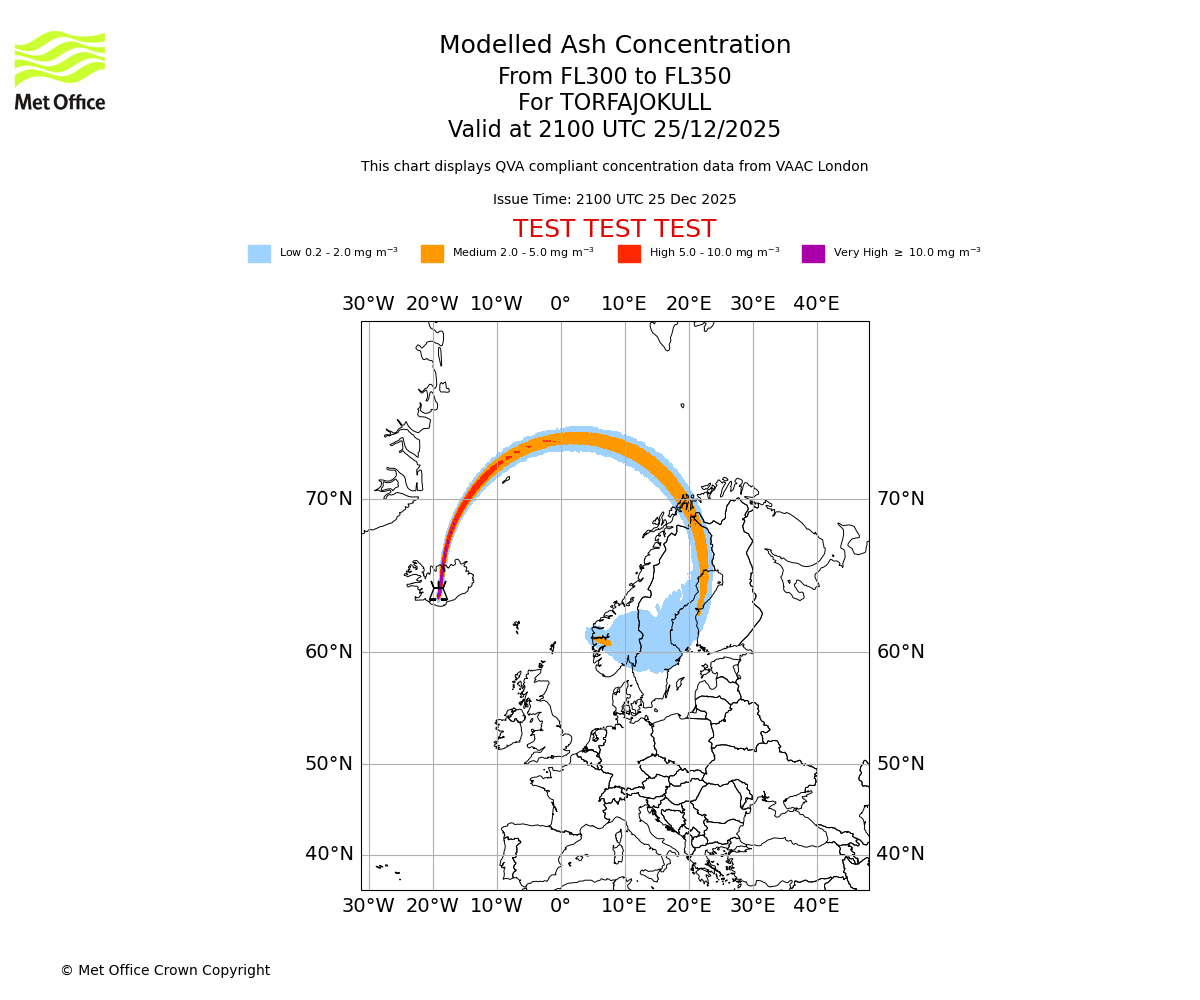 Modelled ash concentration from 300 to 350 for TORFAJOKULL. Valid at 2100 UTC 25/12/2025