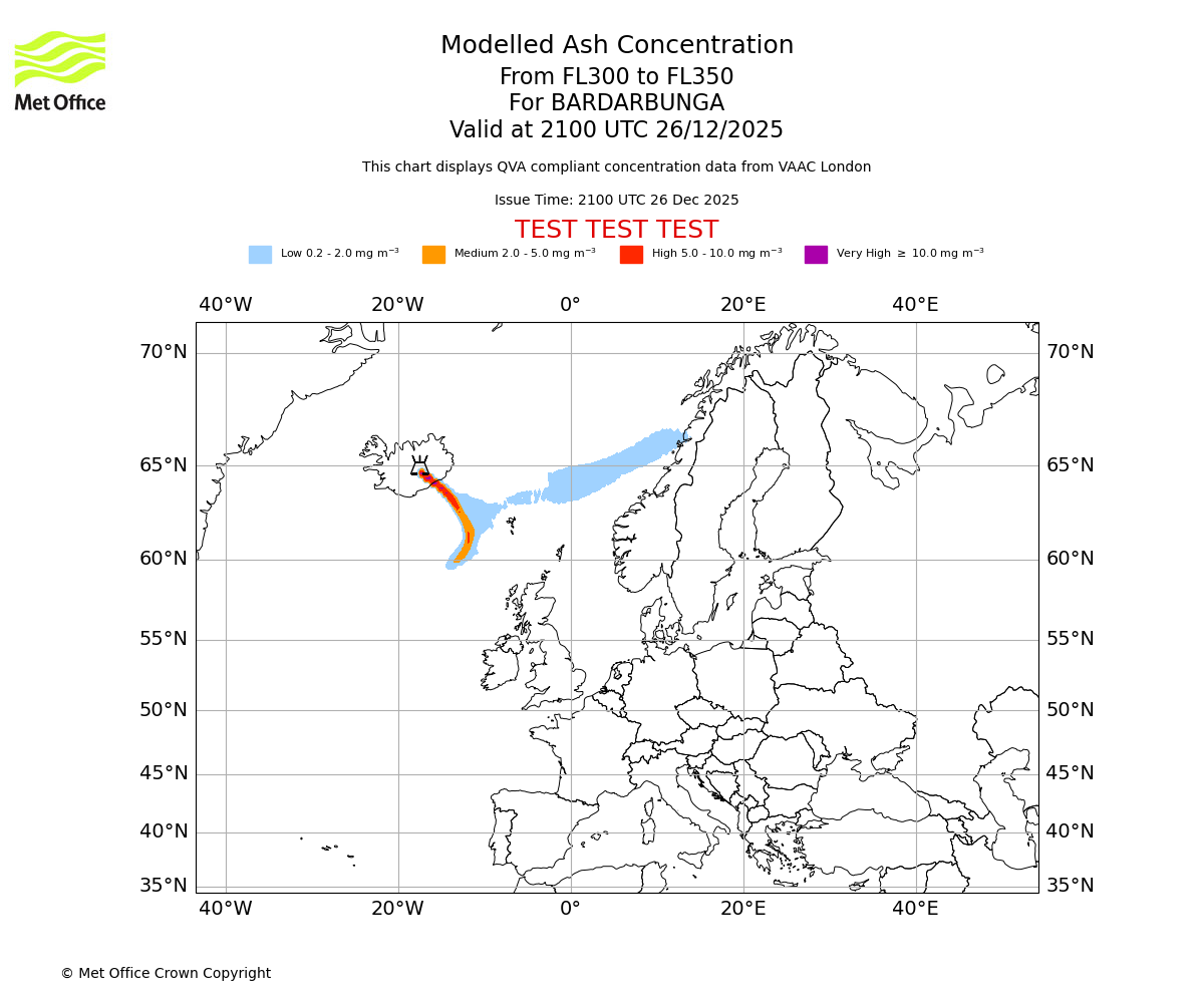 Modelled ash concentration from 300 to 350 for BARDARBUNGA. Valid at 2100 UTC 26/12/2025