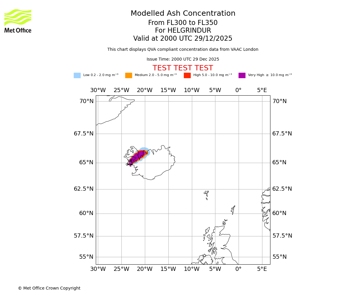 Modelled ash concentration from 300 to 350 for HELGRINDUR. Valid at 2000 UTC 29/12/2025