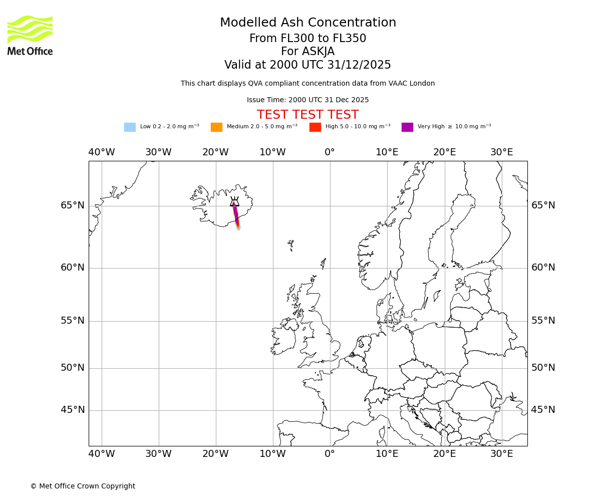 Modelled ash concentration from 300 to 350 for ASKJA. Valid at 2000 UTC 31/12/2025