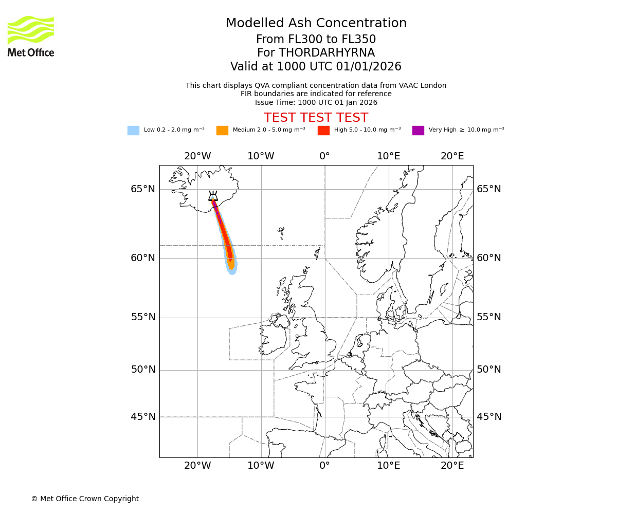 Modelled ash concentration from 300 to 350 for THORDARHYRNA. Valid at 1000 UTC 01/01/2026