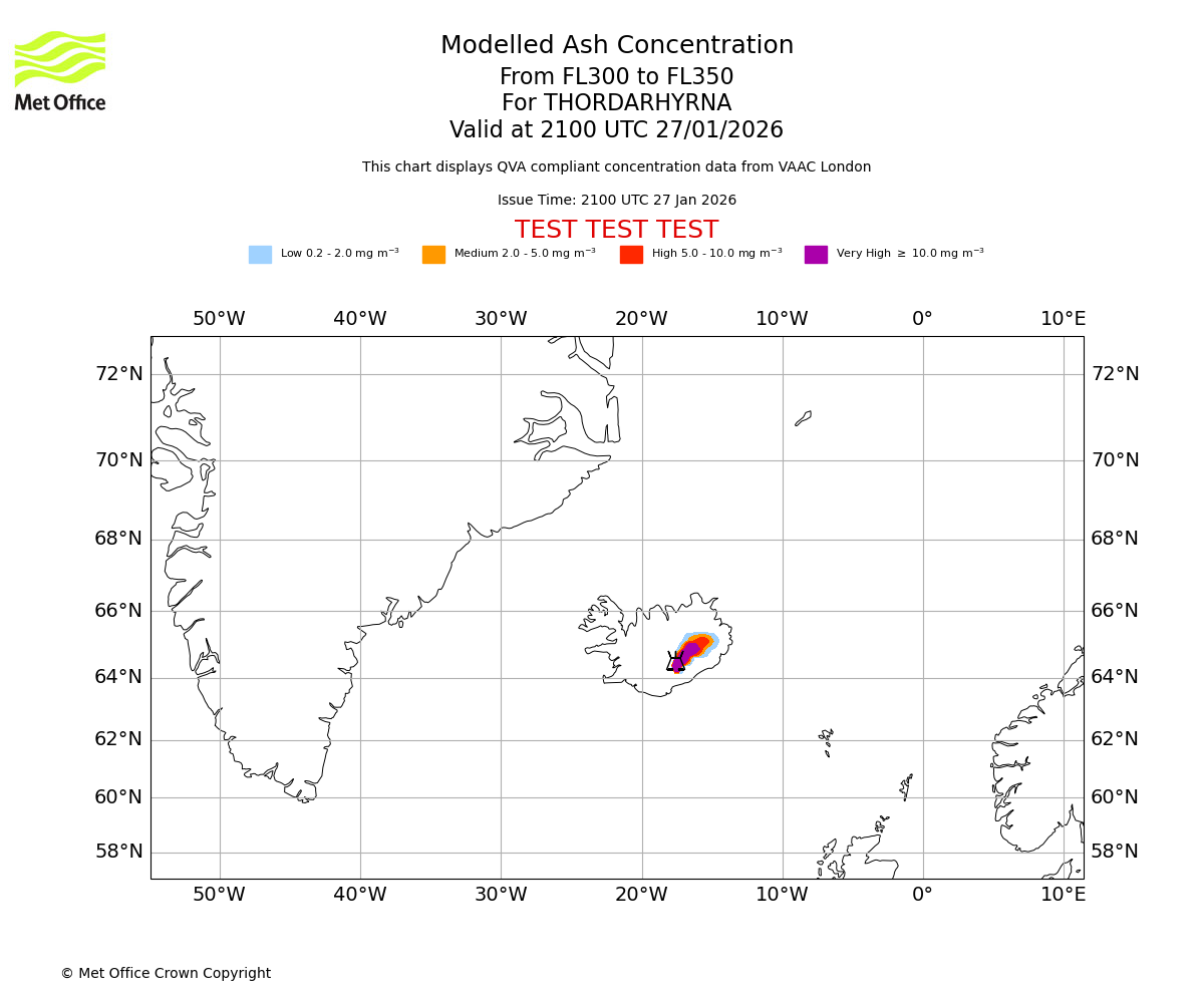 Modelled ash concentration from 300 to 350 for THORDARHYRNA. Valid at 2100 UTC 27/01/2026