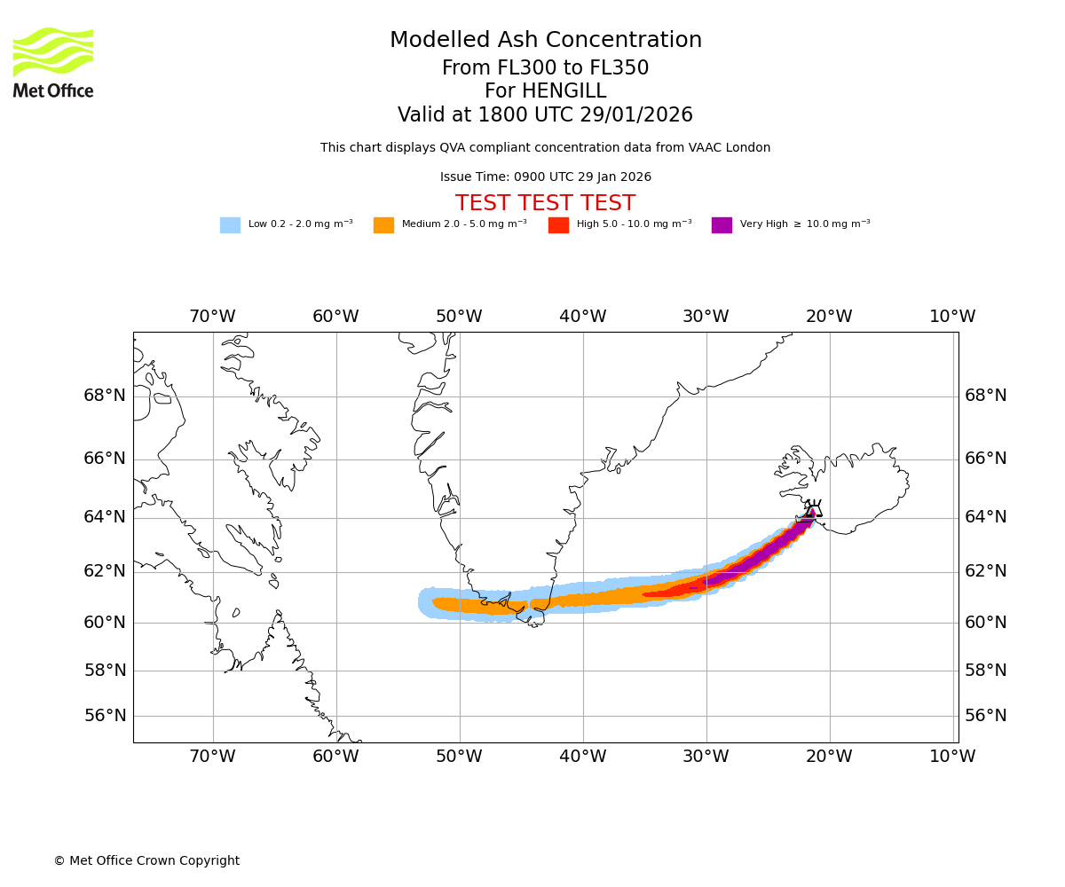 Modelled ash concentration from 300 to 350 for HENGILL. Valid at 1800 UTC 29/01/2026