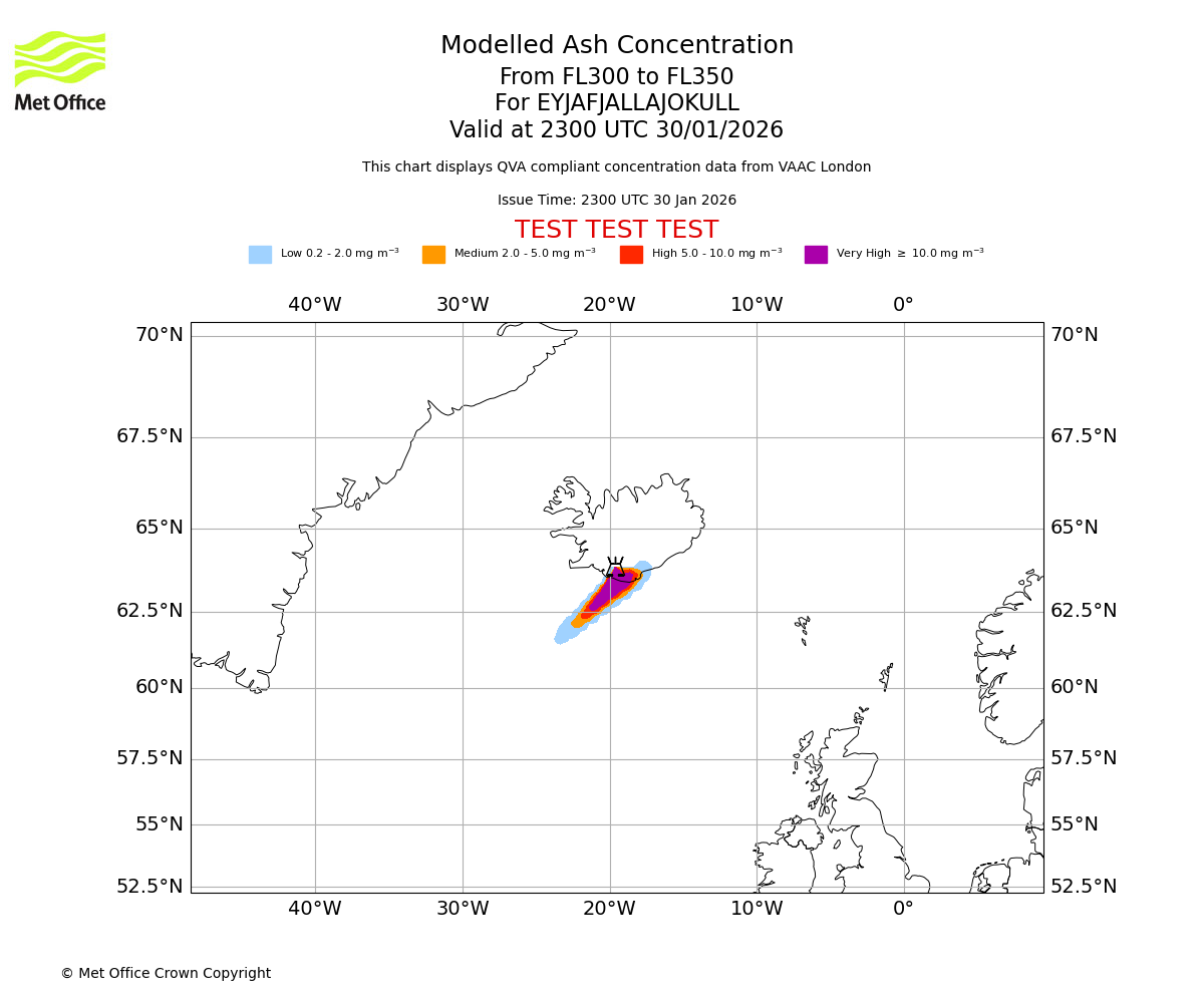 Modelled ash concentration from 300 to 350 for EYJAFJALLAJOKULL. Valid at 2300 UTC 30/01/2026