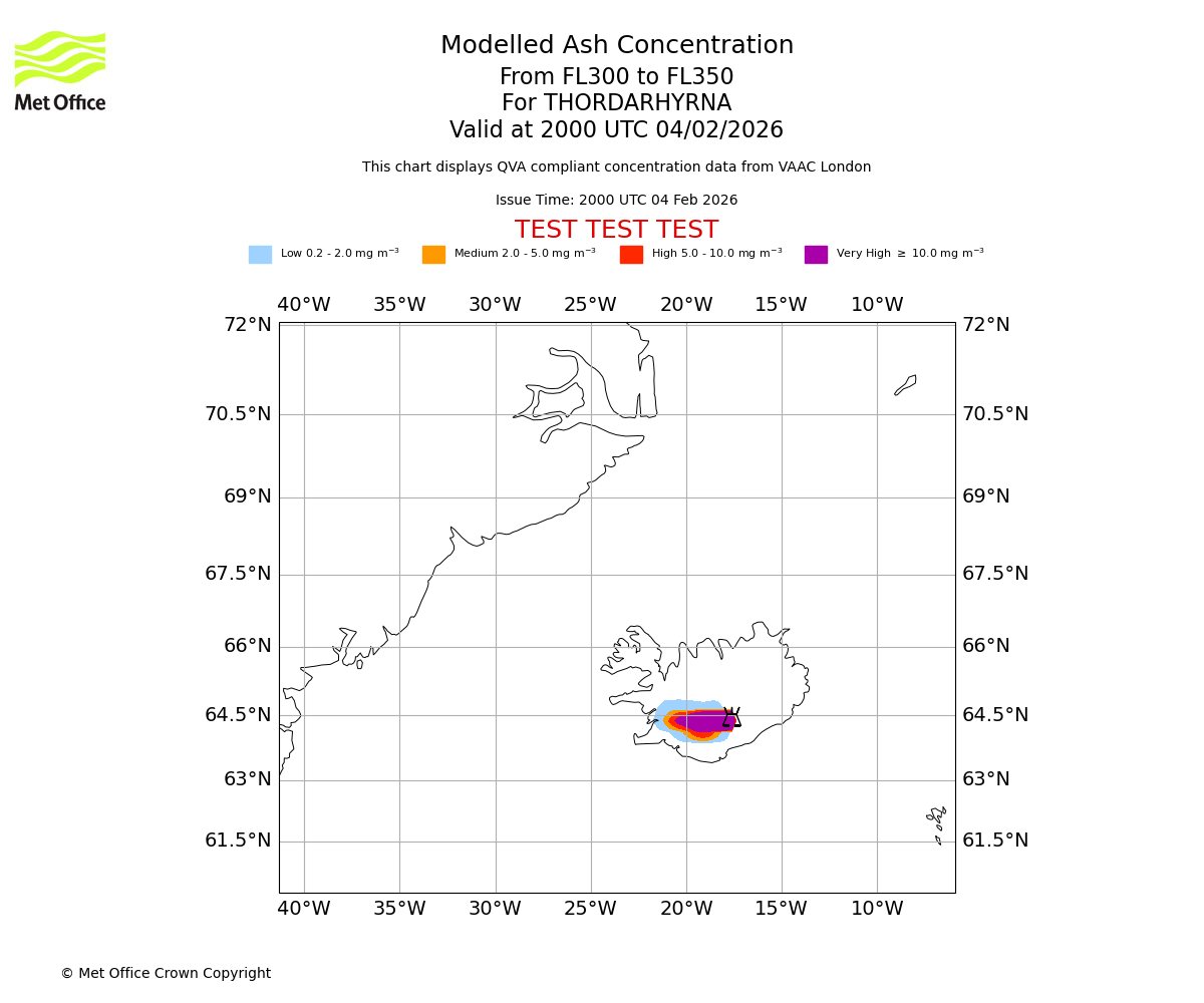 Modelled ash concentration from 300 to 350 for THORDARHYRNA. Valid at 2000 UTC 04/02/2026