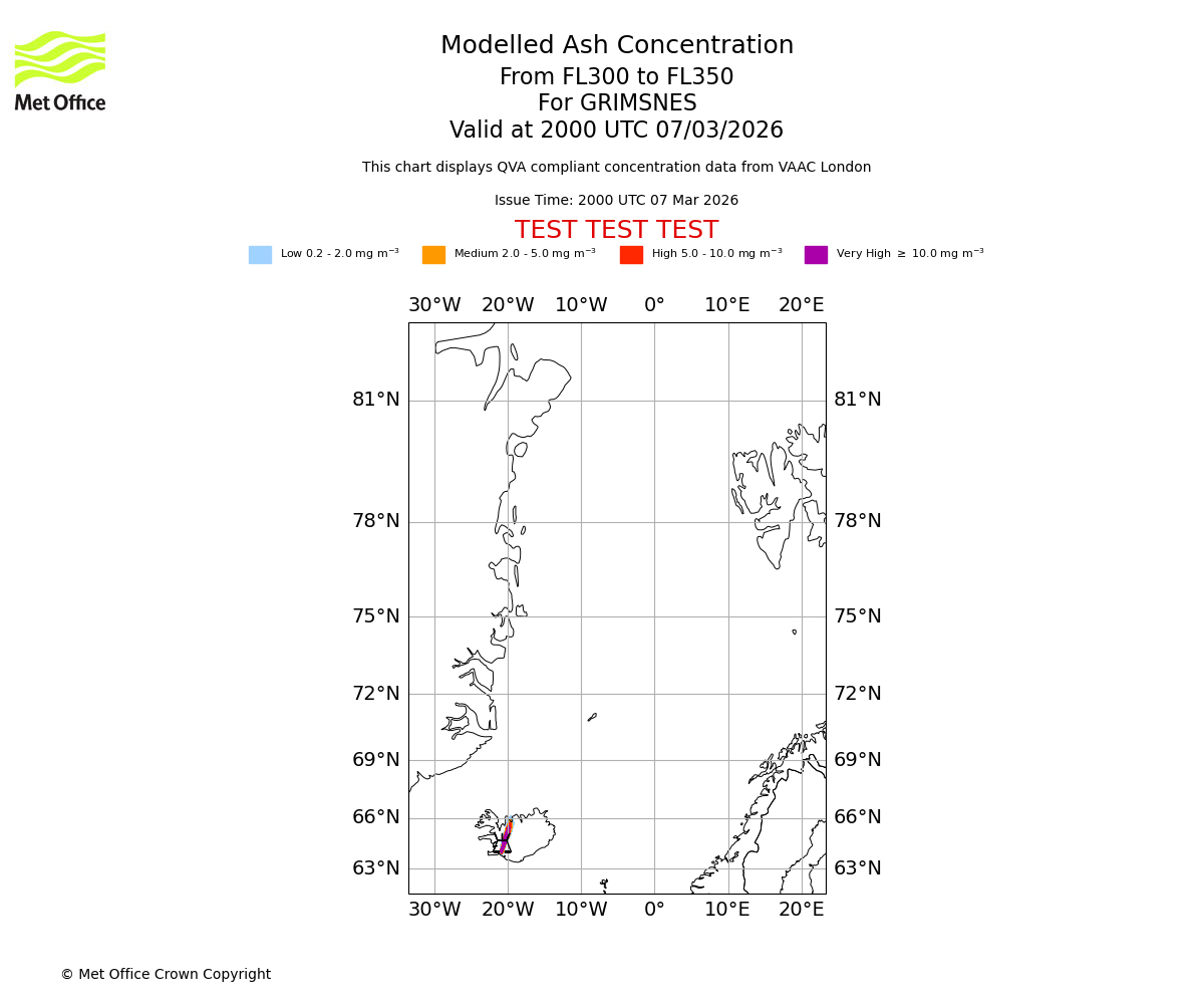 Modelled ash concentration from 300 to 350 for GRIMSNES. Valid at 2000 UTC 07/03/2026