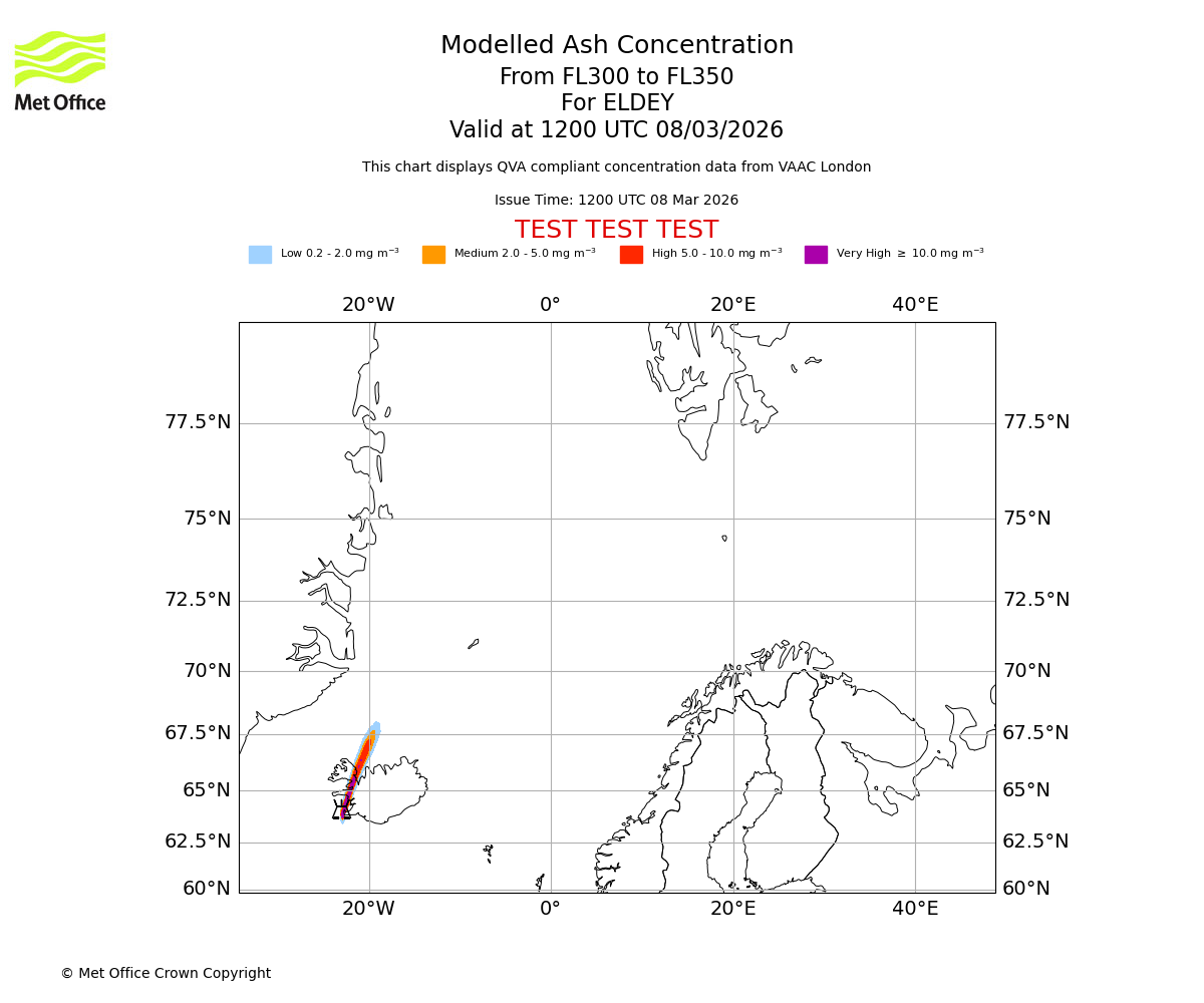 Modelled ash concentration from 300 to 350 for ELDEY. Valid at 1200 UTC 08/03/2026