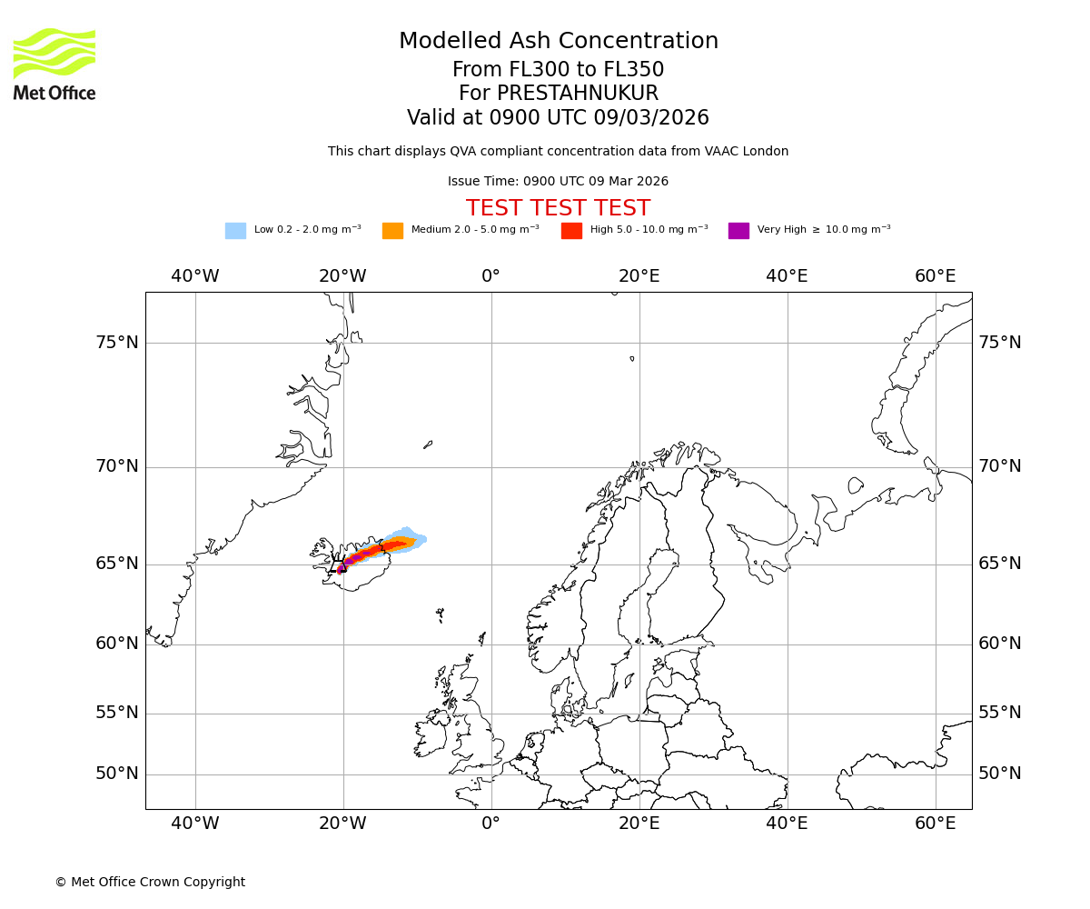 Modelled ash concentration from 300 to 350 for PRESTAHNUKUR. Valid at 0900 UTC 09/03/2026