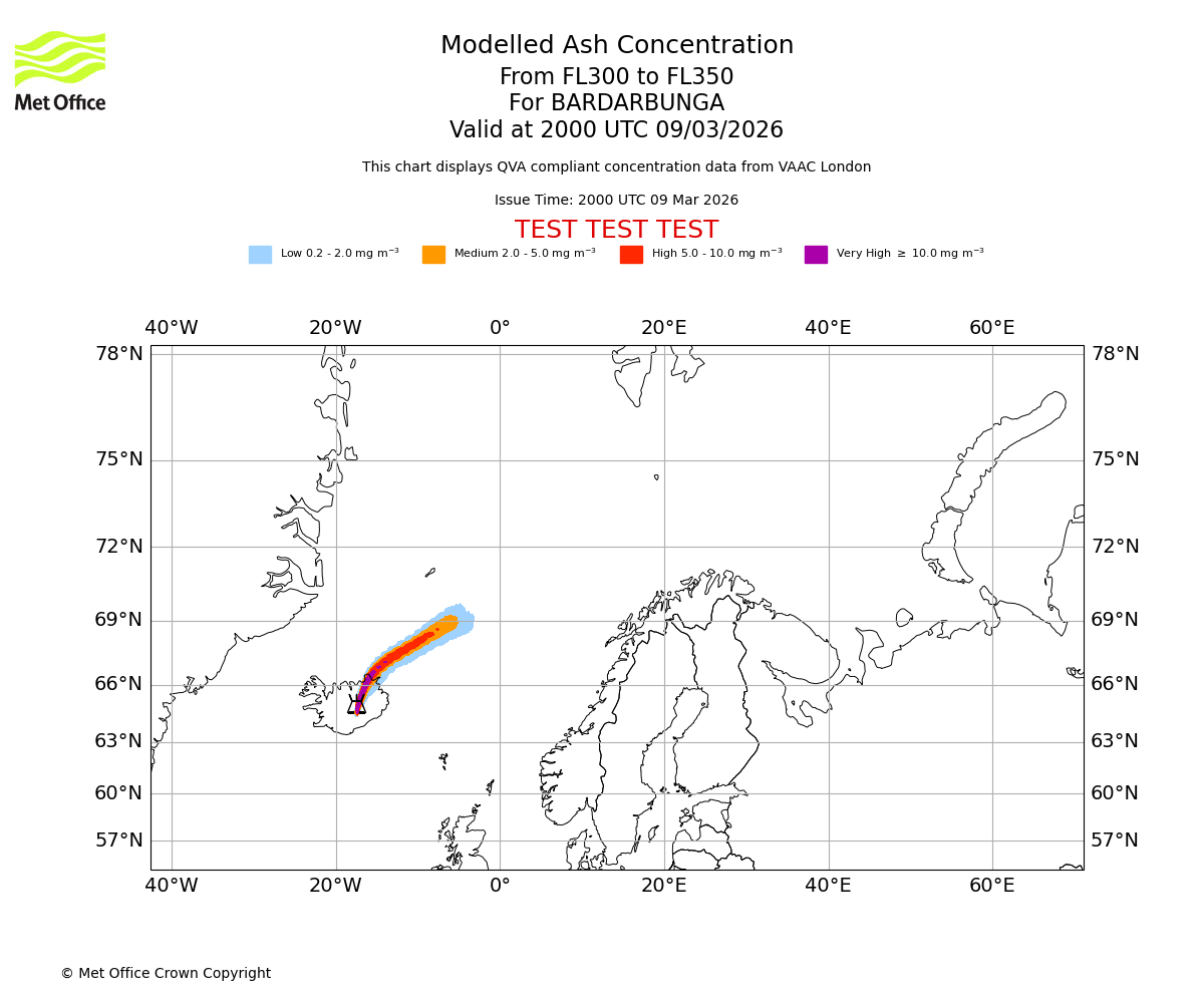 Modelled ash concentration from 300 to 350 for BARDARBUNGA. Valid at 2000 UTC 09/03/2026