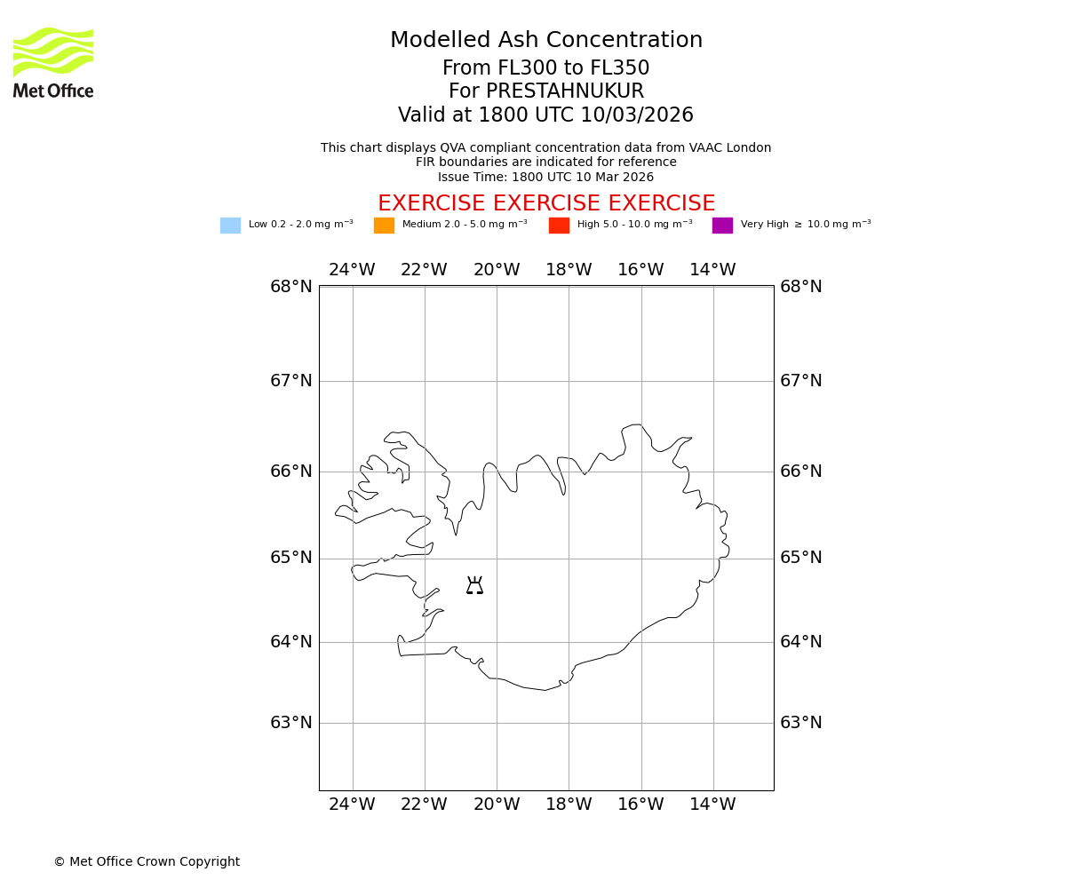 Modelled ash concentration from 300 to 350 for PRESTAHNUKUR. Valid at 1800 UTC 10/03/2026