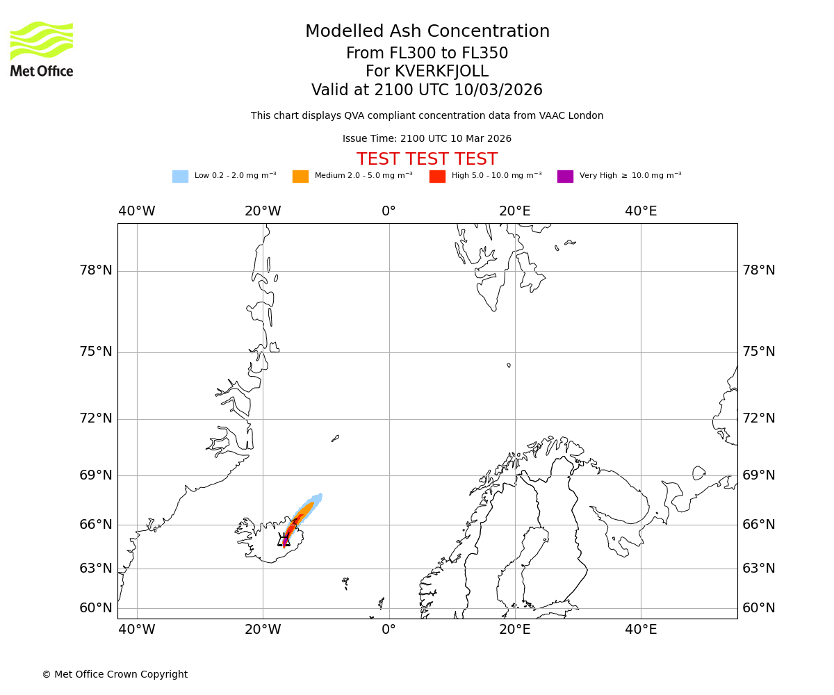Modelled ash concentration from 300 to 350 for KVERKFJOLL. Valid at 2100 UTC 10/03/2026