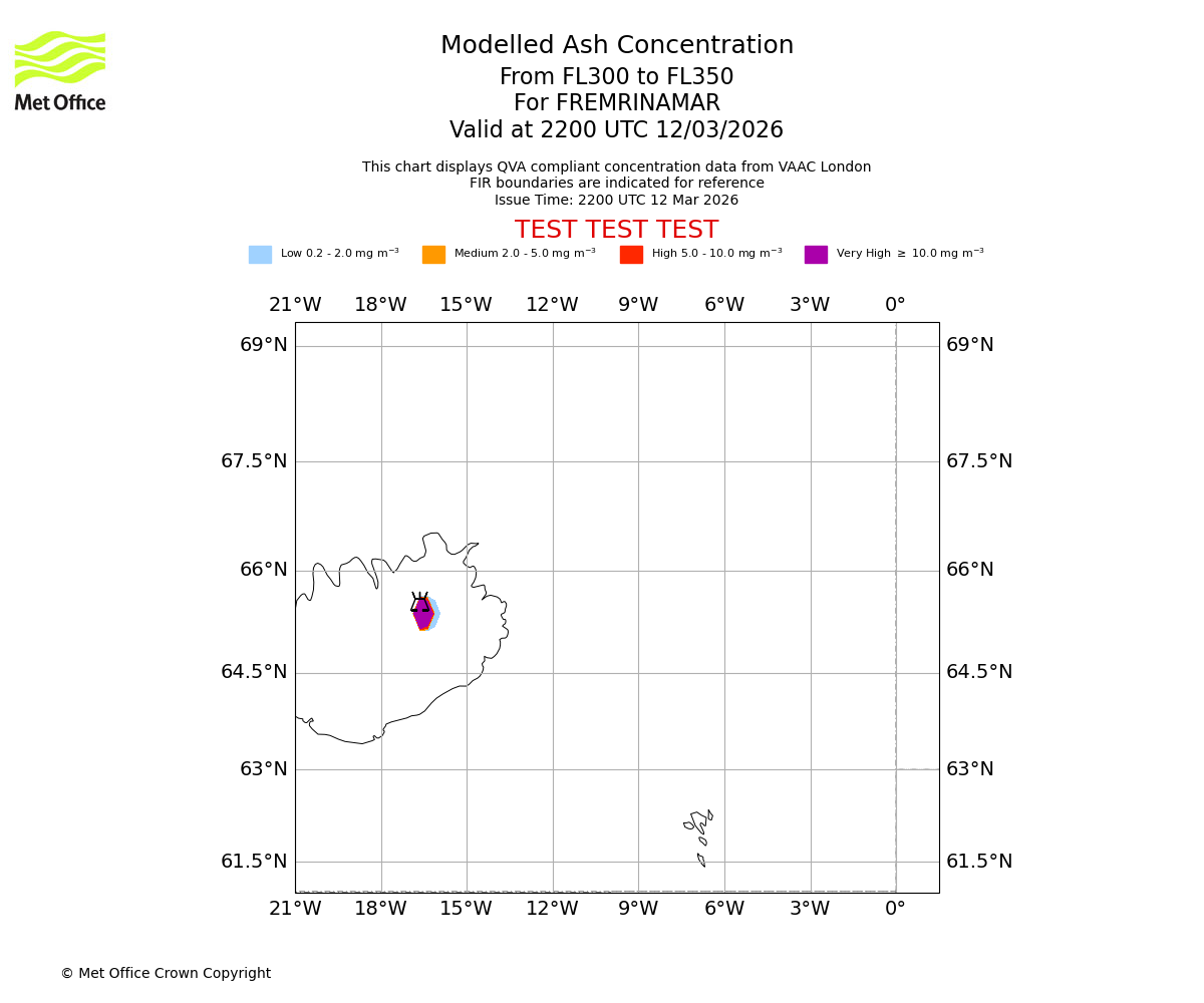 Modelled ash concentration from 300 to 350 for FREMRINAMAR. Valid at 2200 UTC 12/03/2026