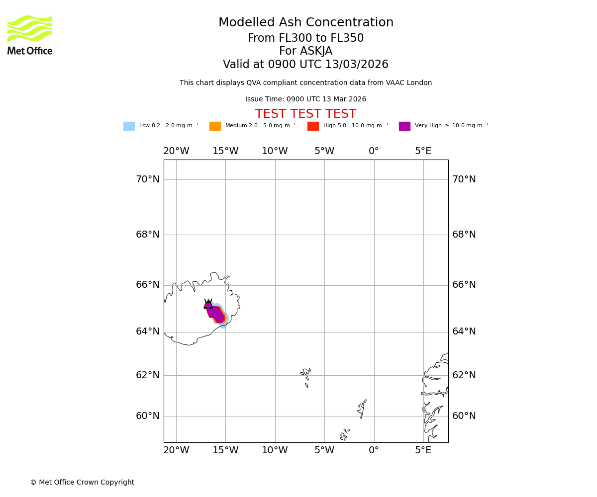 Modelled ash concentration from 300 to 350 for ASKJA. Valid at 0900 UTC 13/03/2026